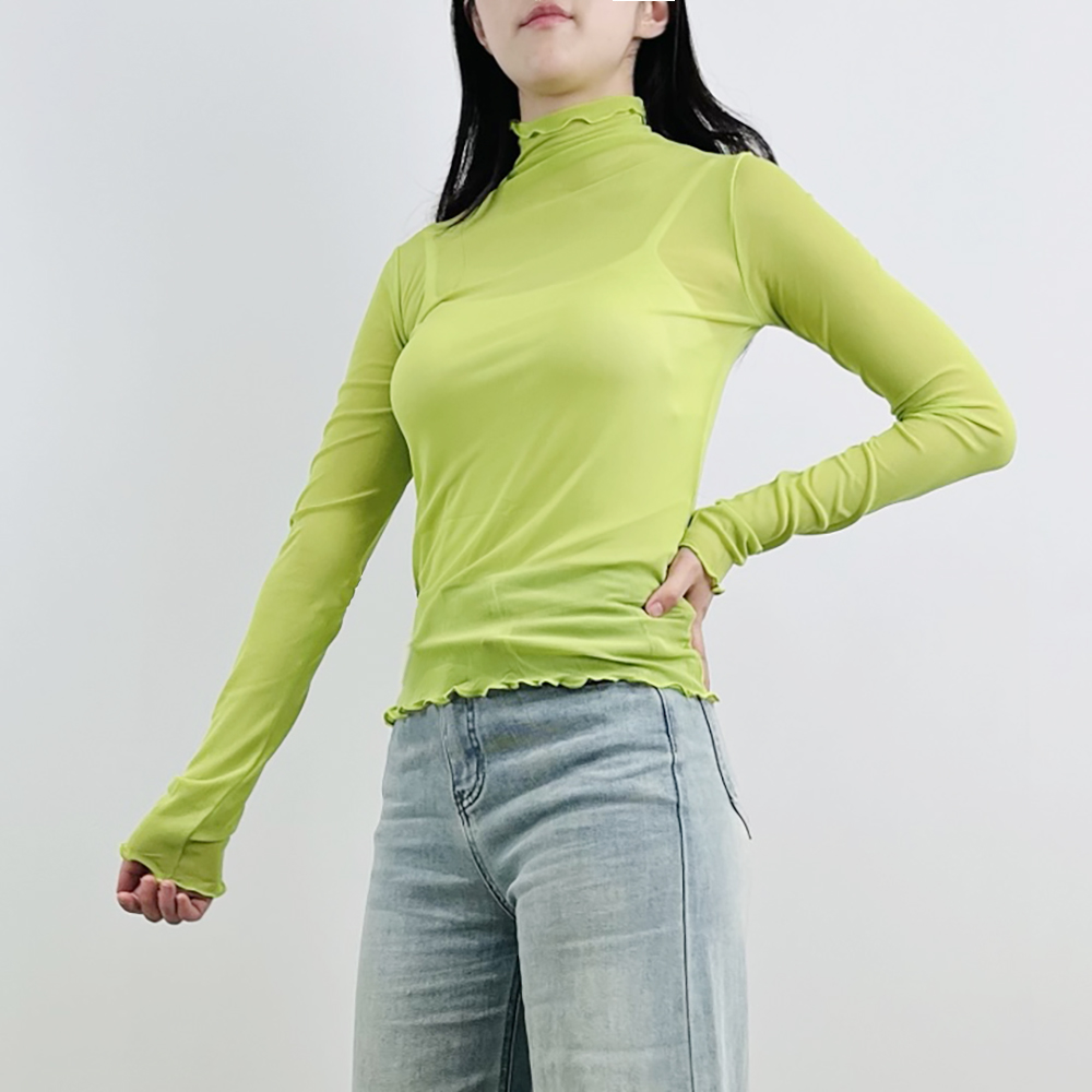 [14color]하늘하늘 시스루 프릴 터틀넥 티 블랙 - 상세 이미지 3