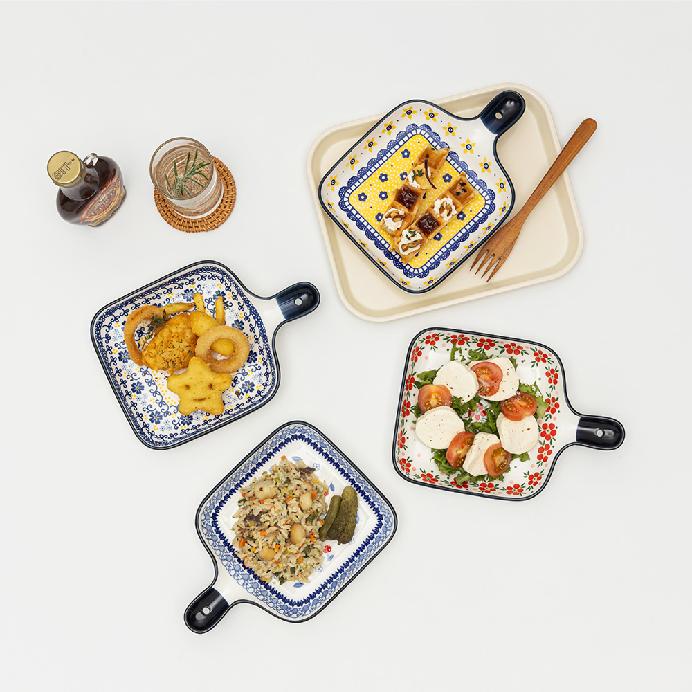 2+2 프라카 폴란드풍 도자기 사각 손잡이 앞접시 디저트 라면 그릇 제품 이미지