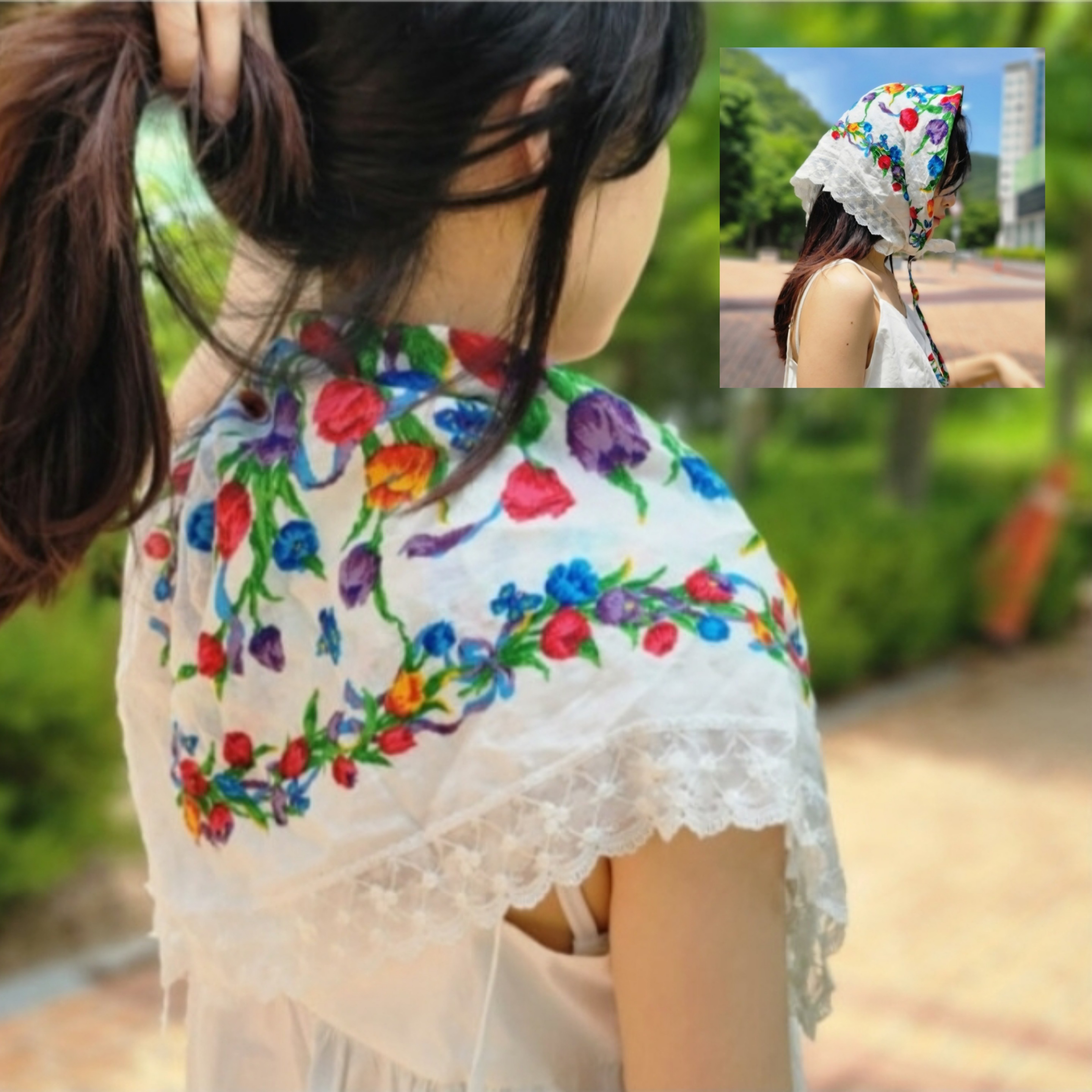 스카프 겸용 큰 린넨 에티켓 손수견 무릎덮개 면 아사 레이스손수건 대형 앞치마손수건 - 상품 이미지
