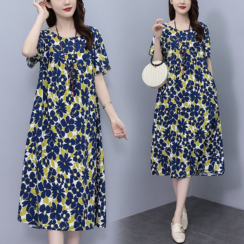 봄 여름 여성 빅사이즈 루즈핏 플라워패턴 반팔 롱원피스 플라워패턴 - 상품 이미지