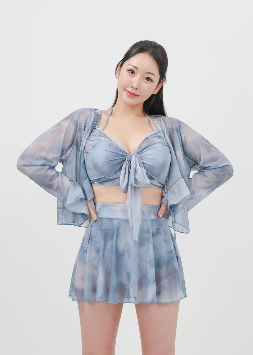 [XL-4XL/빅사이즈] 만다린 비키니 래쉬가드 체형커버 긴팔 셔링 수영복 + 커버업 4피스 세트 상세 이미지 9