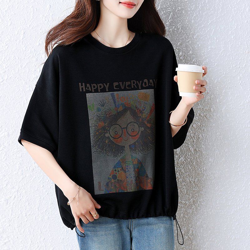 봄 여름 여성 빅사이즈 루즈핏 캐릭터 레터링 밑단스트링 반팔 티셔츠 블랙 - 상세 이미지 2