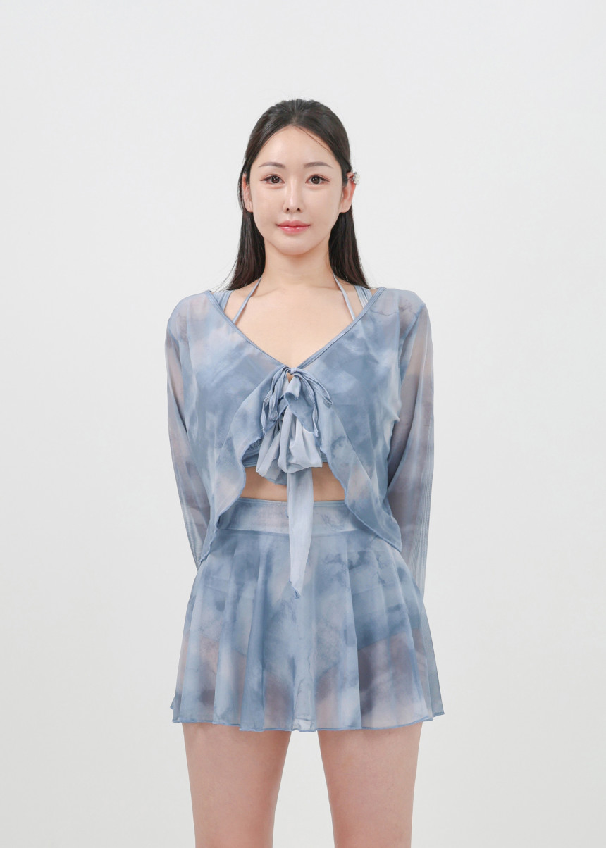 [XL-4XL/빅사이즈] 만다린 비키니 래쉬가드 체형커버 긴팔 셔링 수영복 + 커버업 4피스 세트 상세 이미지 5