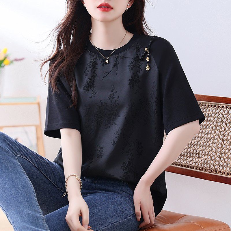 봄 여름 여성 빅사이즈 루즈핏 오리엔탈 자카드 장식 반팔 티셔츠 블랙 - 상세 이미지 3