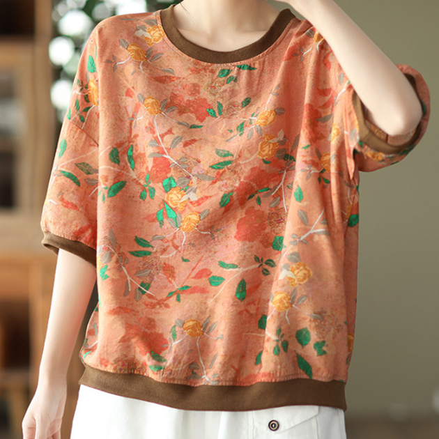 중년여성 플라워 티셔츠 라운드 여름 반팔 텐셀 편안한핏 - 상품 이미지