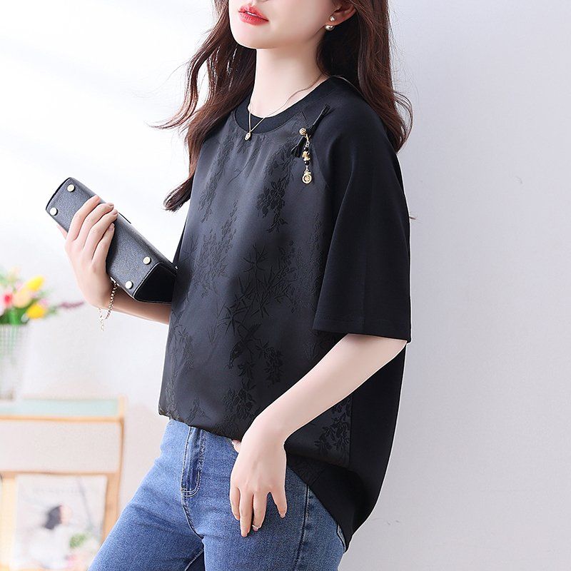 봄 여름 여성 빅사이즈 루즈핏 오리엔탈 자카드 장식 반팔 티셔츠 블랙 - 상세 이미지 4