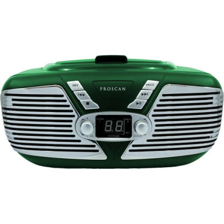 [해외]프로스캔 엘리트 레트로 스타일 휴대용 CD 붐박스(AM/FM 라디오 포함) - 상단 로딩 보조 잭 AC 및 배터리 호환 LCD 디스플레이 핸들 (녹색)