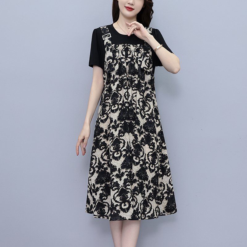 봄 여름 여성 빅사이즈 루즈핏 바로크패턴 페이크 레이어드 롱원피스 블랙 - 상세 이미지 2