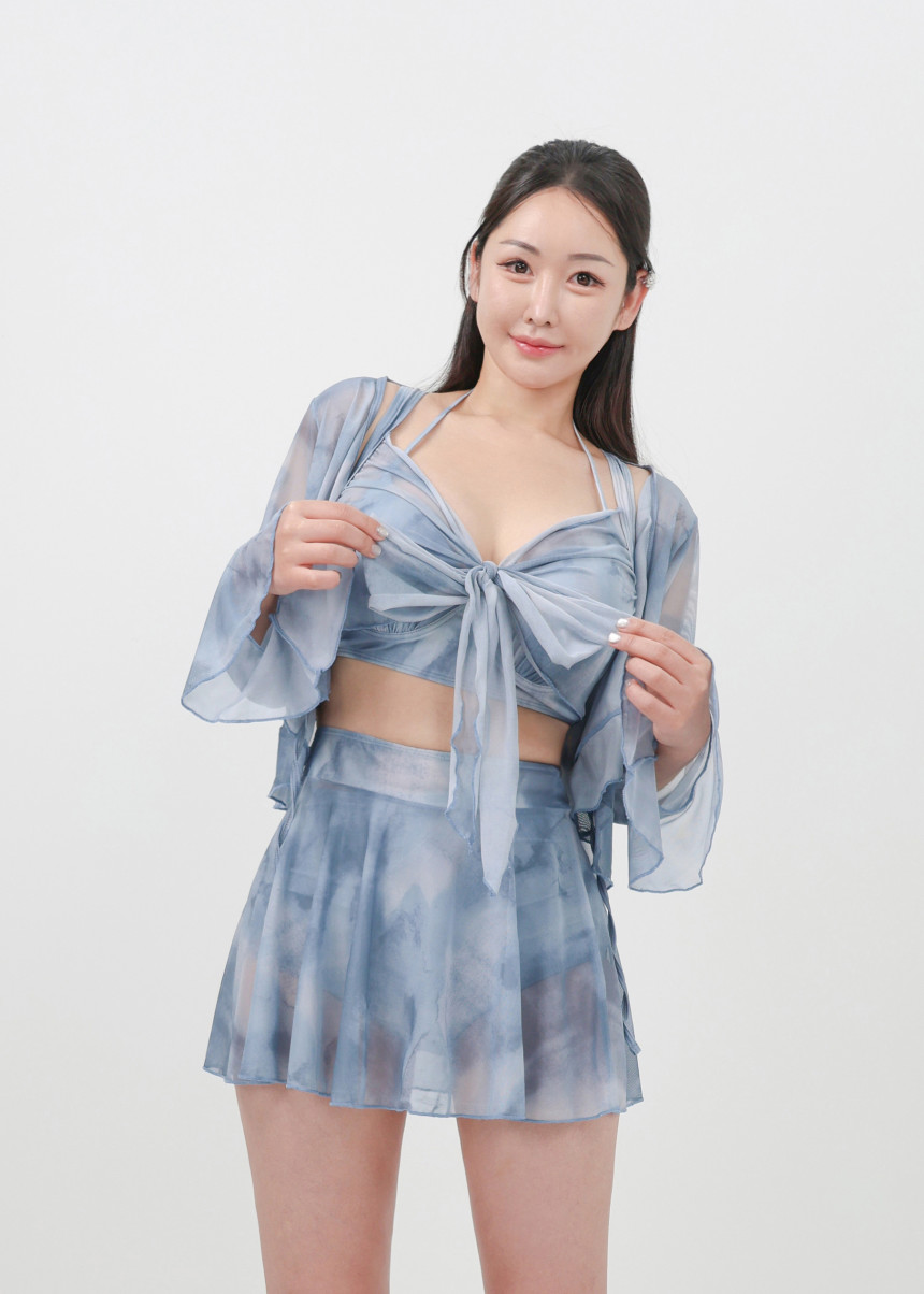 [XL-4XL/빅사이즈] 만다린 비키니 래쉬가드 체형커버 긴팔 셔링 수영복 + 커버업 4피스 세트 상세 이미지 10
