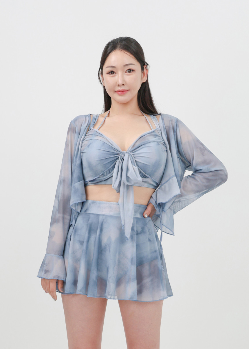 [XL-4XL/빅사이즈] 만다린 비키니 래쉬가드 체형커버 긴팔 셔링 수영복 + 커버업 4피스 세트 상세 이미지 12