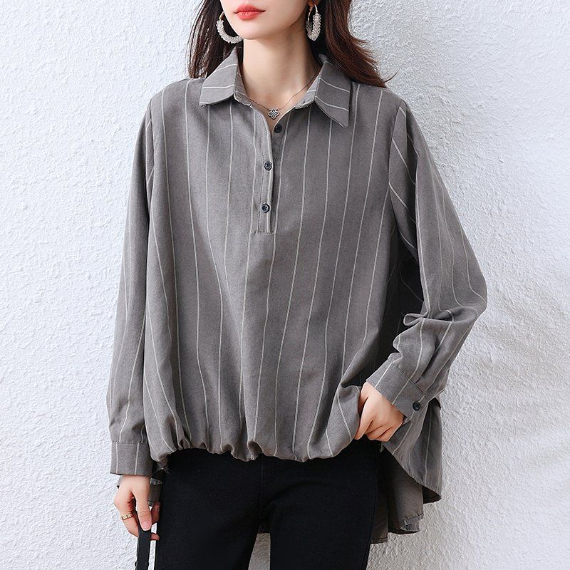 봄 가을 여성 빅사이즈 루즈핏 스트라이프 캉캉 언발란스 긴팔 셔츠 그레이 - 상품 이미지