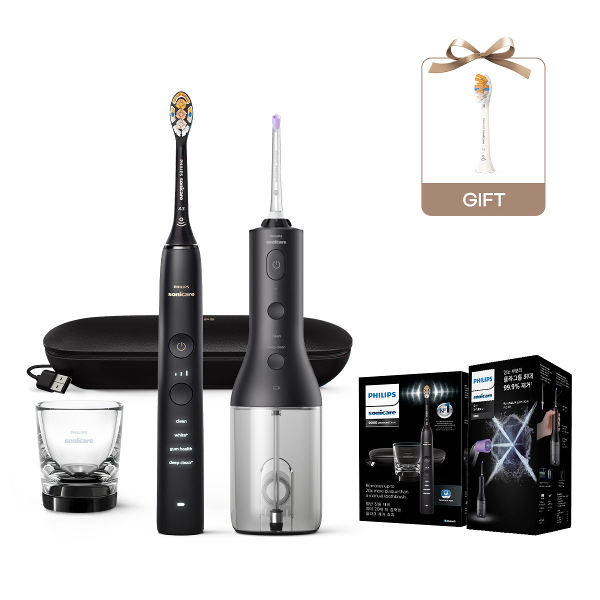 필립스 소닉케어 전동칫솔 구강세정기 세트 다이아몬드클린 9000 블랙/블랙
