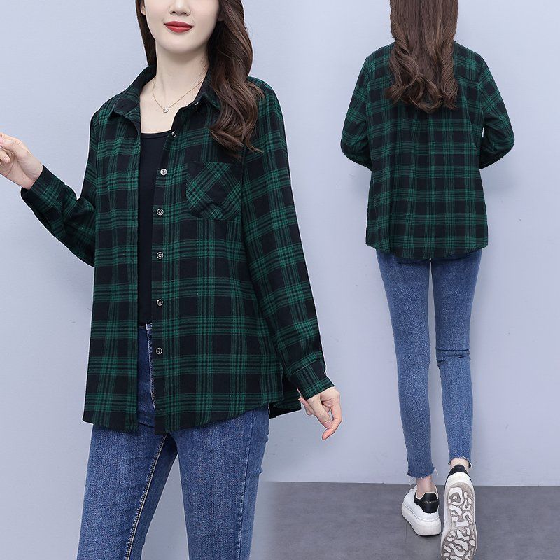 봄 가을 여성 빅사이즈 기본핏 타탄체크 포켓 긴팔 셔츠 그린 - 상세 이미지 3