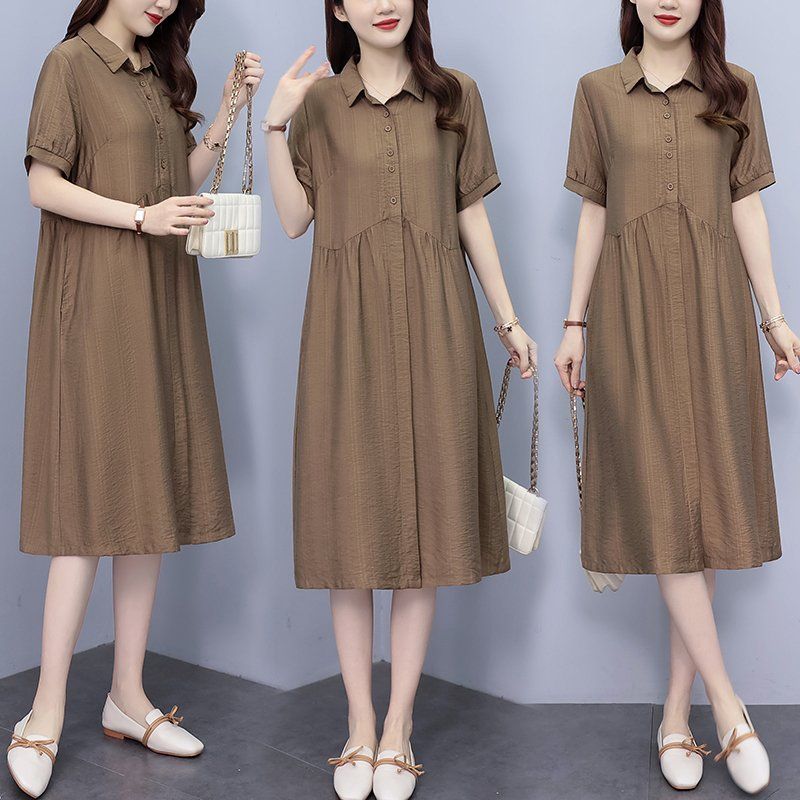 봄 여름 여성 빅사이즈 루즈핏 카라 핀턱 셔츠 롱원피스 네이비 모카 - 상품 이미지