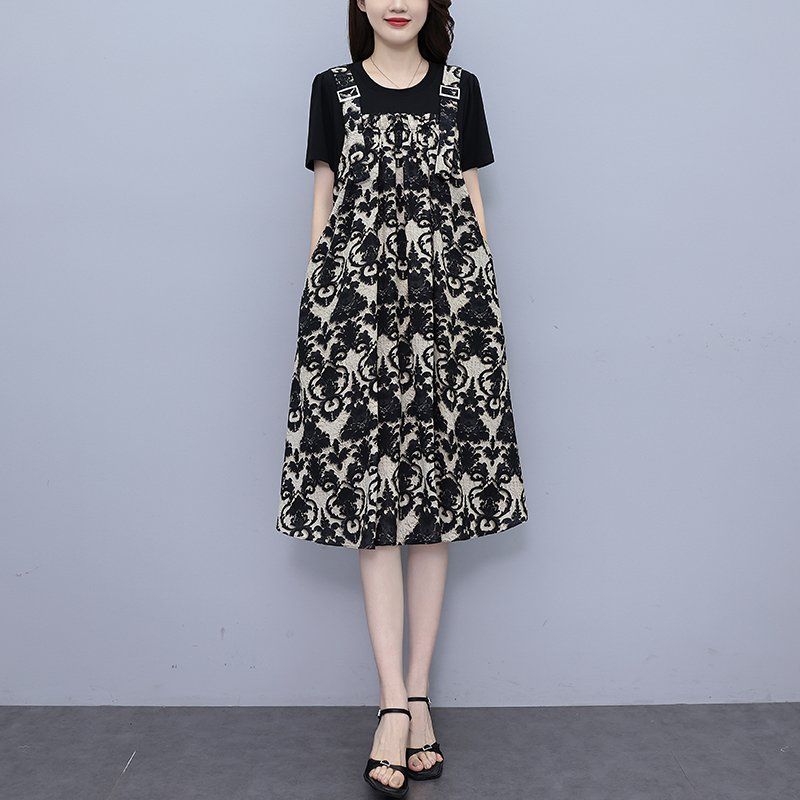 봄 여름 여성 빅사이즈 루즈핏 바로크패턴 페이크 레이어드 롱원피스 블랙 - 상세 이미지 3