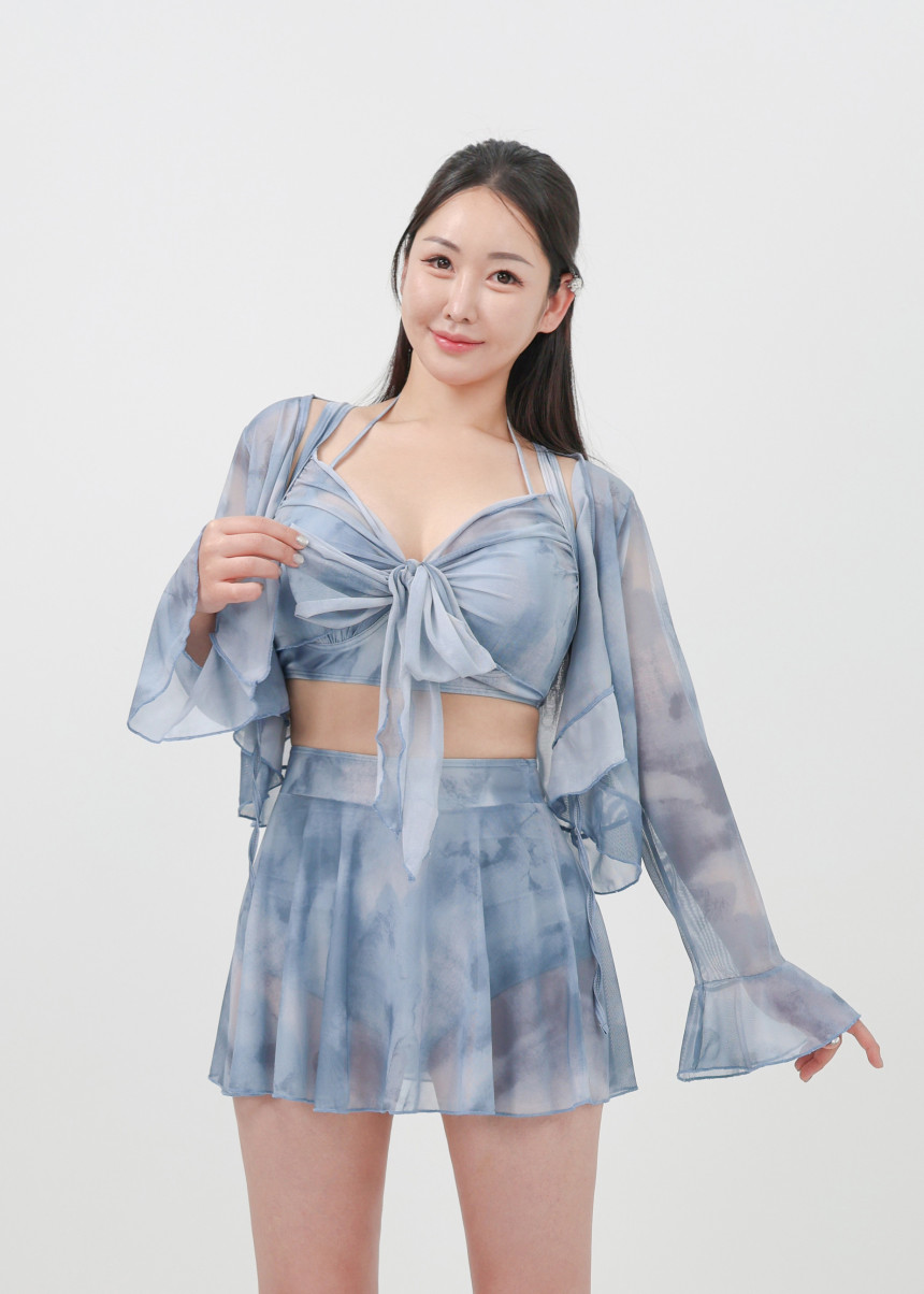 [XL-4XL/빅사이즈] 만다린 비키니 래쉬가드 체형커버 긴팔 셔링 수영복 + 커버업 4피스 세트 상세 이미지 11
