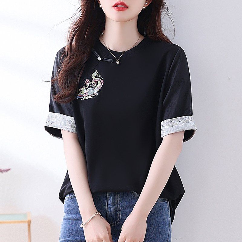 봄 여름 여성 빅사이즈 루즈핏 오리엔탈 봉황자수 반팔 티셔츠 블랙 - 상세 이미지 3