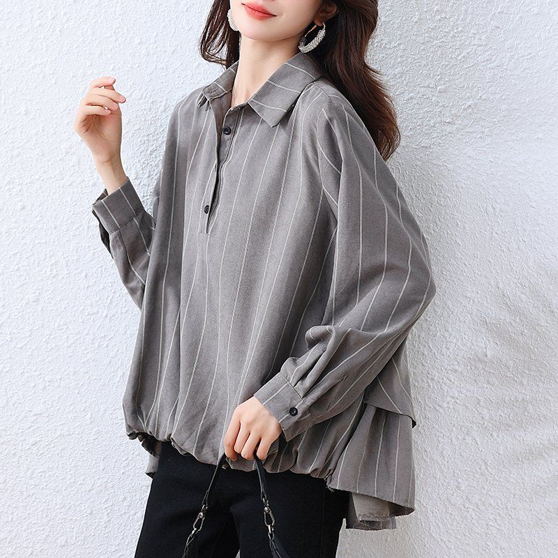 봄 가을 여성 빅사이즈 루즈핏 스트라이프 캉캉 언발란스 긴팔 셔츠 그레이 - 상세 이미지 3