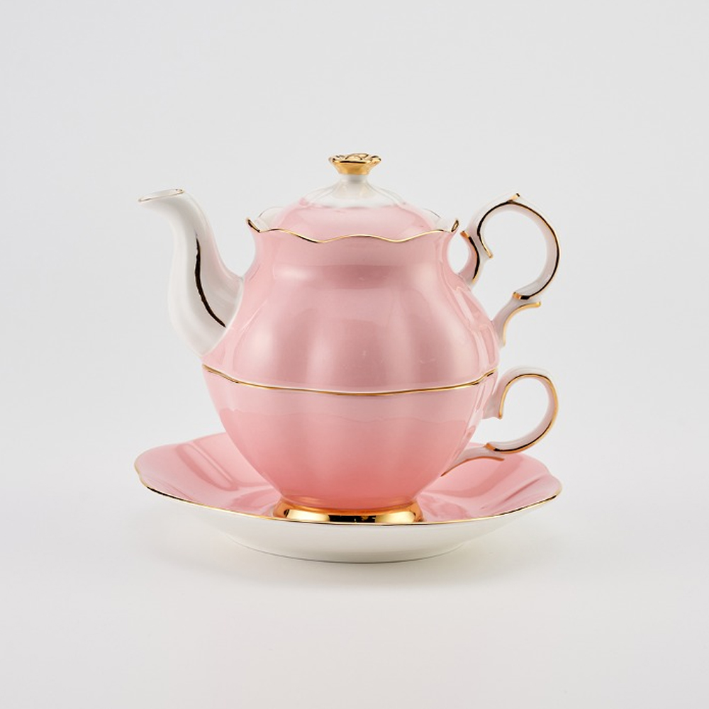 티로직 다이애나 골드림 티포원 1인 도자기 찻잔 티팟세트 300ml, 핑크
