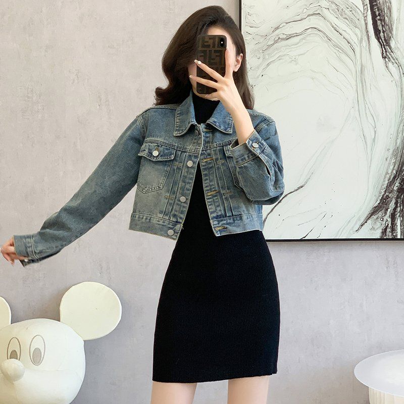 봄 가을 여성 하이웨스트 크롭 데님자켓 캐주얼 데일리룩 워싱 면혼방자켓 라이트블루 - 상세 이미지 3