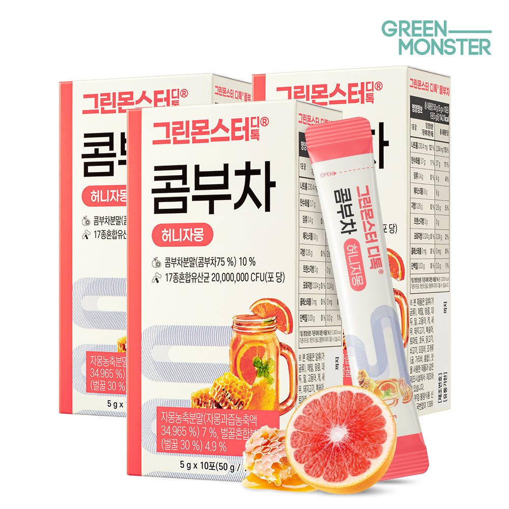 그린몬스터 디톡 콤부차 허니자몽 20억 유산균 3박스 30스틱 (블랙티 자허블 TEA 로우칼로리 저칼로리 당류0% 콤푸차 꼼부차)