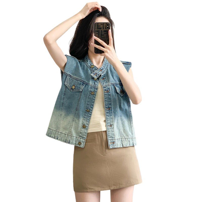봄 여름 여성 루즈핏 그라데이션 민소매 데님조끼 스탠드넥 얇은 면혼방조끼 블루 - 상세 이미지 4
