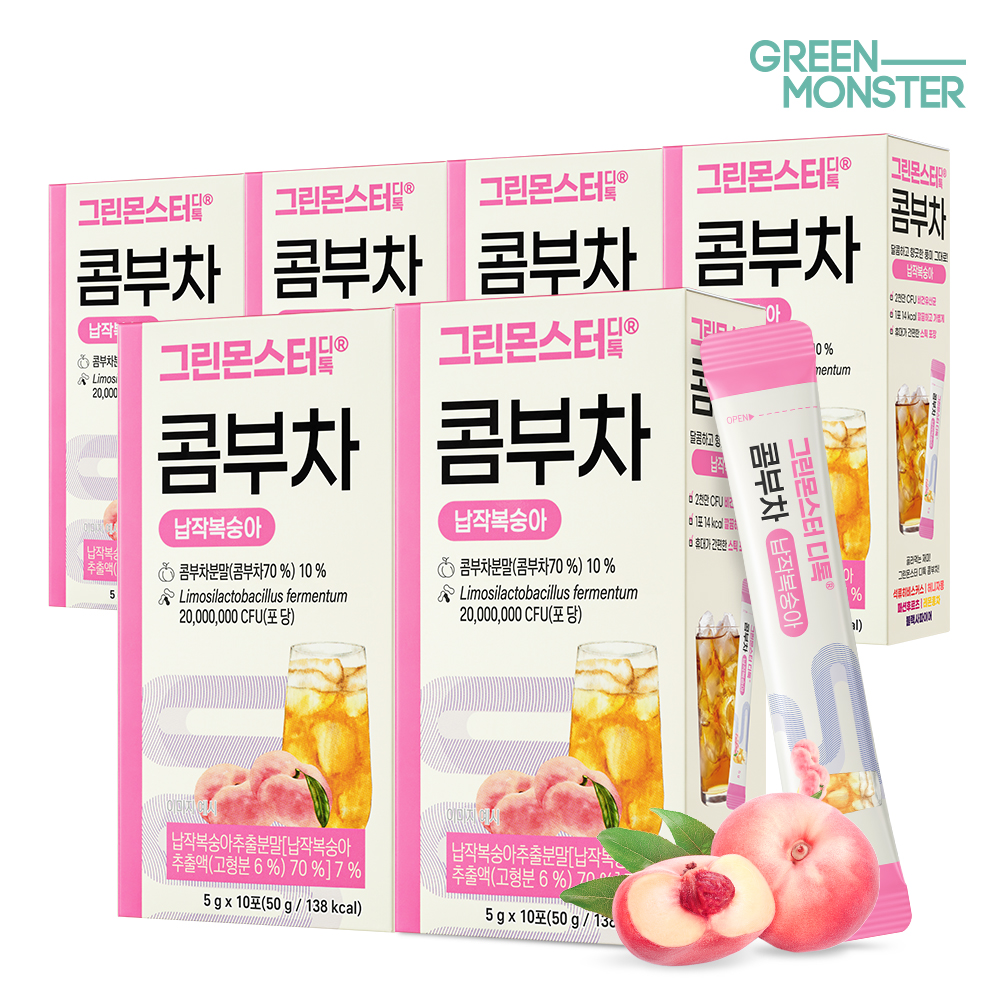 그린몬스터 디톡 콤부차 납작복숭아 20억 유산균 3박스+3박스 (총 6박스) 60스틱 (비건유산균 독일산유기농콤부차 달콤과즙 청량 체중관리)