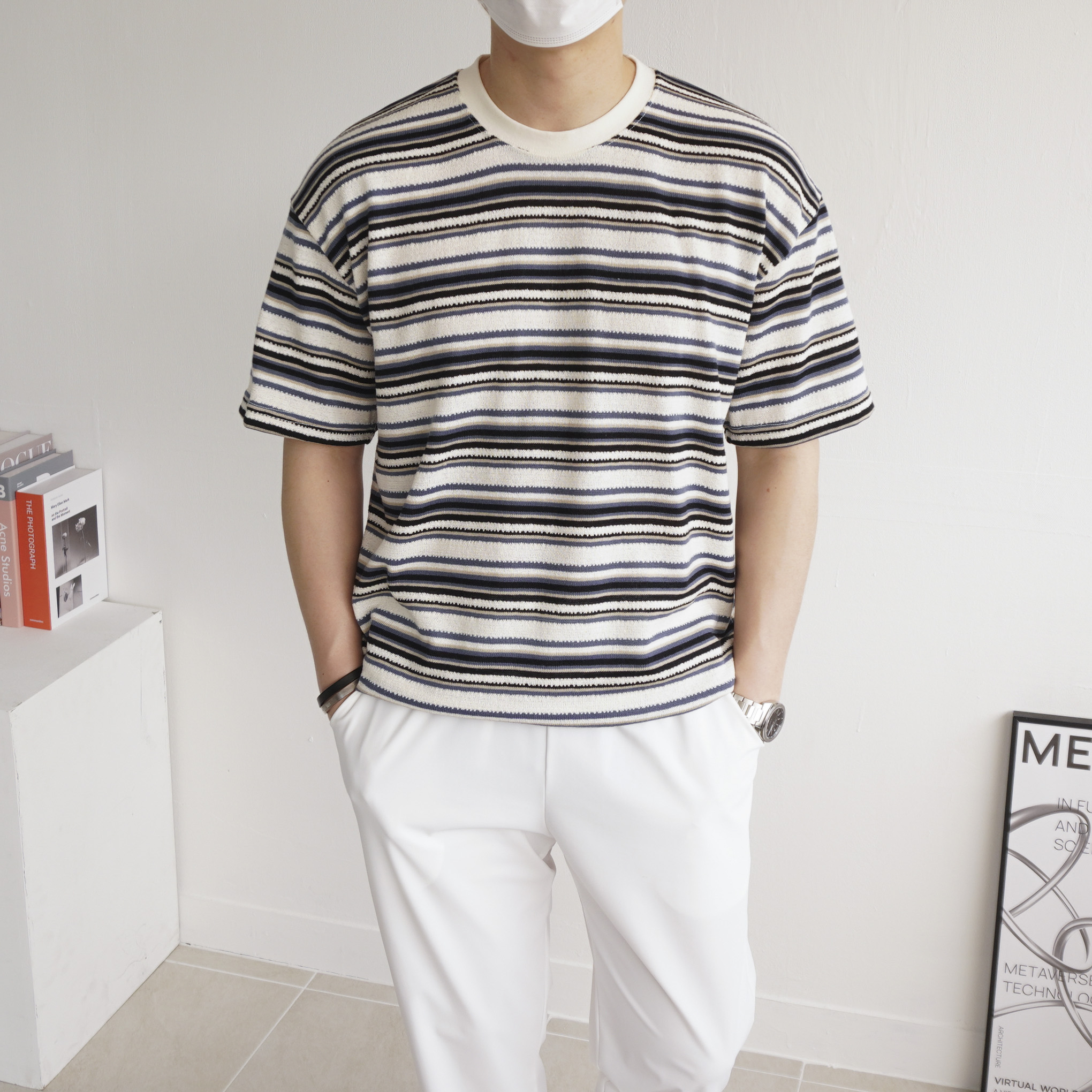 남자반팔니트 스트라이프 라운드 루즈핏 반팔 니트 3color - 상세 이미지 2