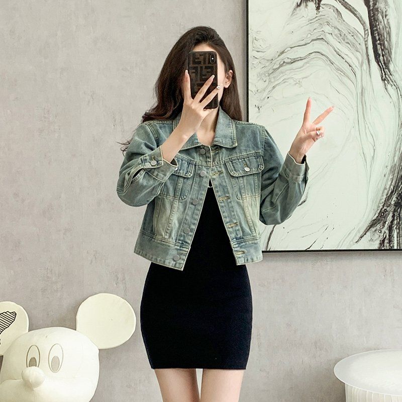 봄 가을 여성 루즈핏 숏 데님자켓 캐주얼 데일리룩 워싱 면혼방자켓 라이트블루 - 상세 이미지 2