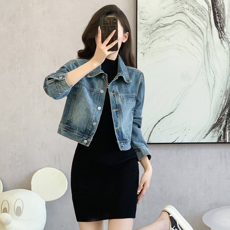 봄 가을 여성 기본핏 크롭 데님자켓 캐주얼 데일리룩 워싱 면혼방자켓 블루