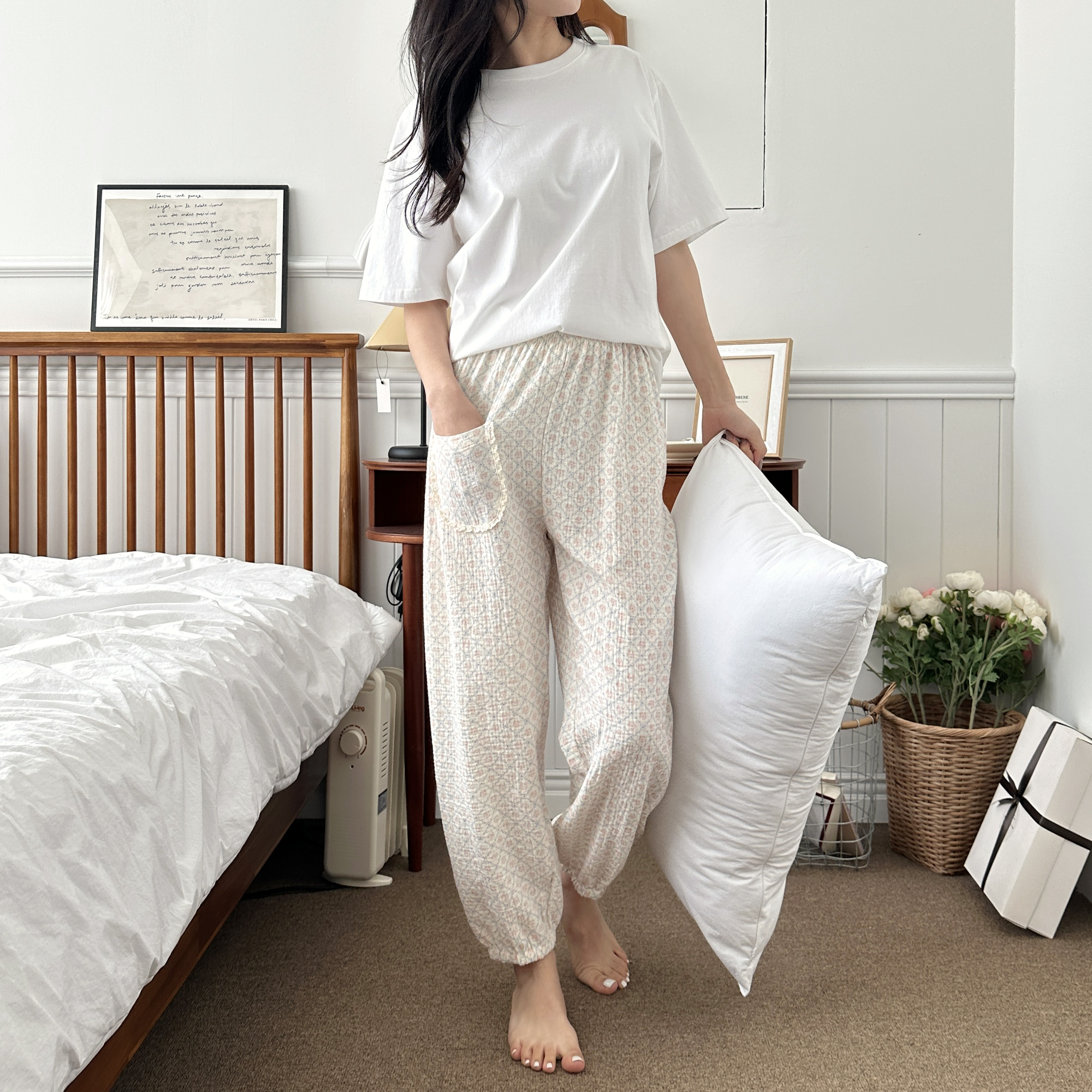 국산 면100잠옷 거즈면 요루면 순면파자마바지 2중거즈 스카이핑크호박핏 - 상세 이미지 2