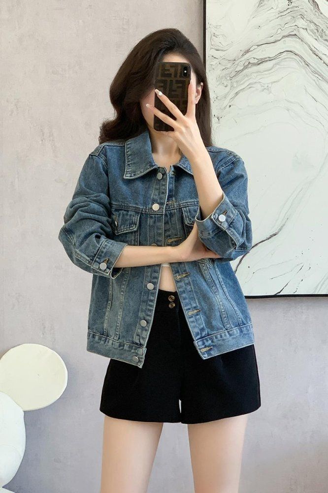 봄 가을 여성 루즈핏 기본 데님자켓 캐주얼 데일리룩 워싱 면혼방자켓 블루 - 상세 이미지 5