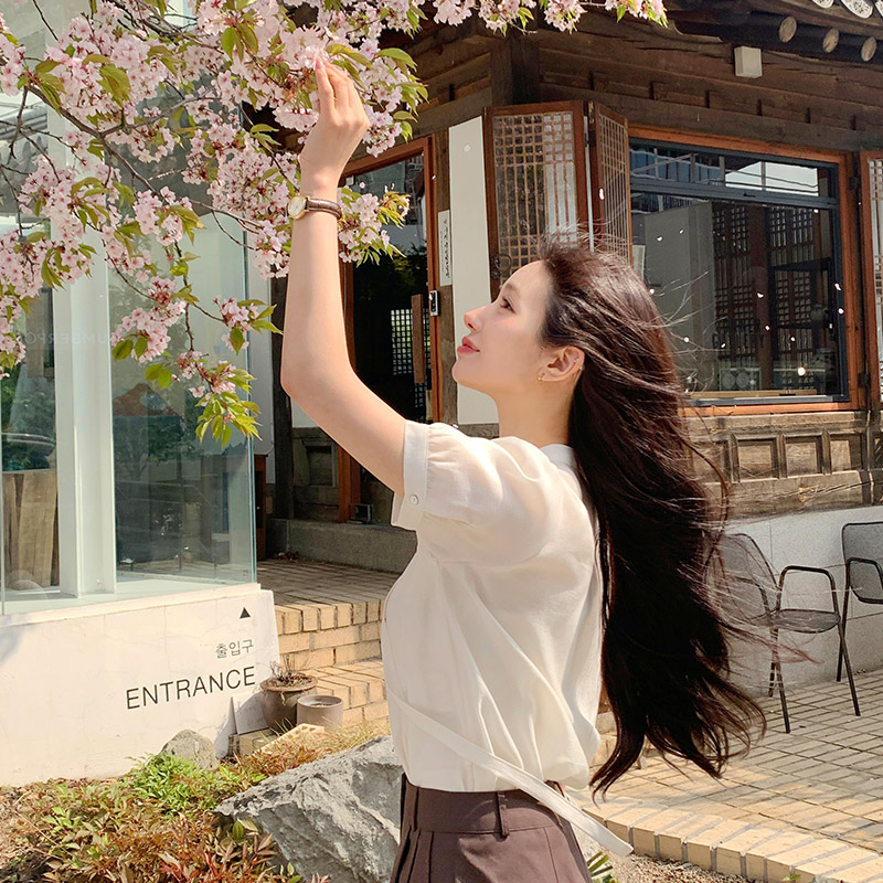 로즈엔 핀턱 리본 퍼프소매 반팔 블라우스 bs8182 - 상세 이미지 2