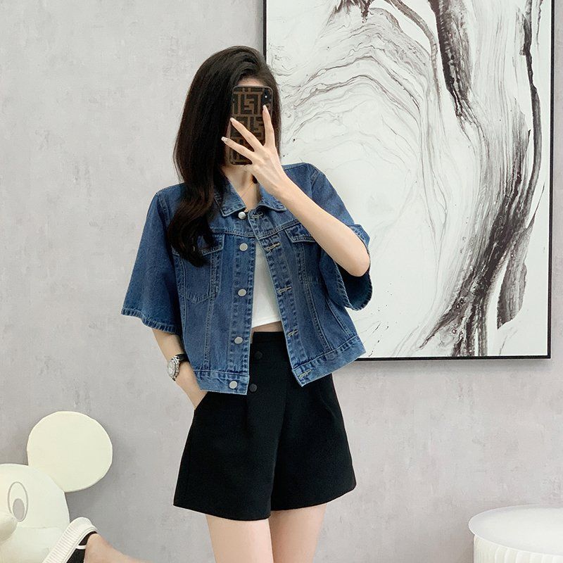 봄 여름 여성 루즈핏 5부소매 숏 데님자켓 데일리 캐주얼룩 얇은 면자켓 블루 - 상세 이미지 2