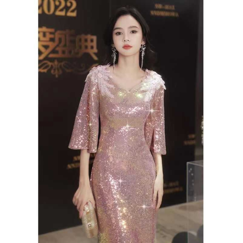 스팽글 드레스 무대의상 원피스 와인 레드 웨딩촬영 이브닝 샴페인 M - 상세 이미지 4