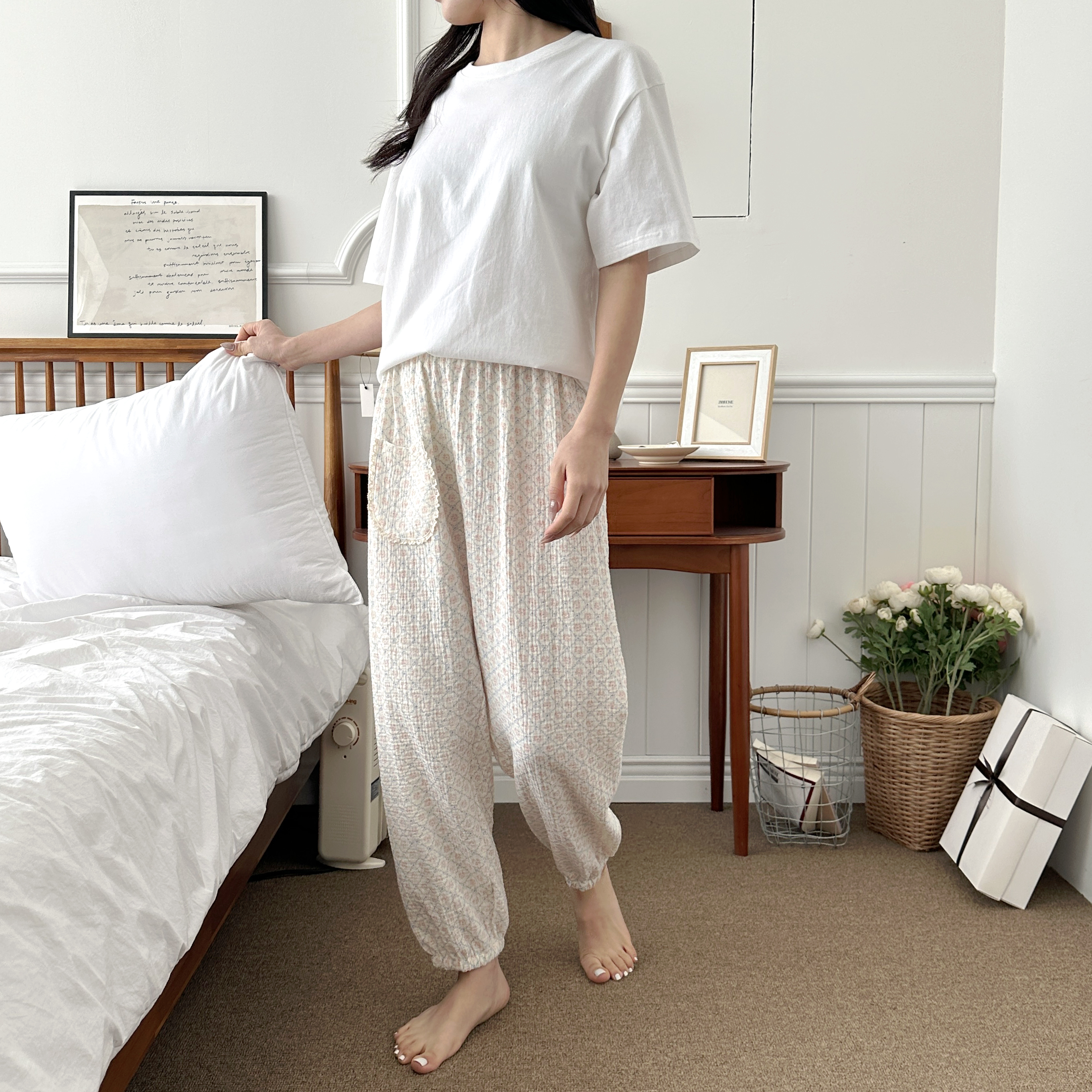 국산 면100잠옷 거즈면 요루면 순면파자마바지 2중거즈 스카이핑크호박핏 - 상세 이미지 3