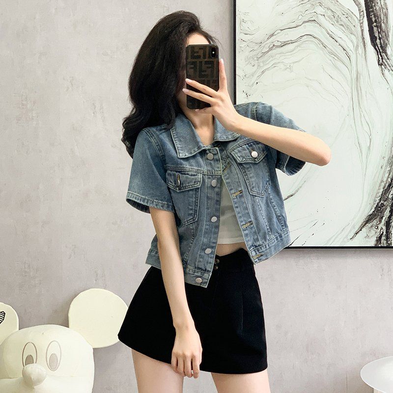 봄 여름 여성 루즈핏 크롭 반팔 데님자켓 물결밑단 캐주얼룩 면혼방자켓 라이트블루 - 상세 이미지 2
