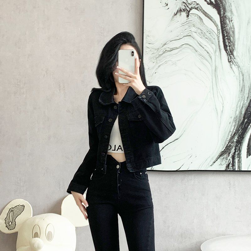 봄 가을 여성 하이웨스트 숏 데님자켓 캐주얼 데일리룩 기본 면혼방자켓 블랙 - 상세 이미지 3