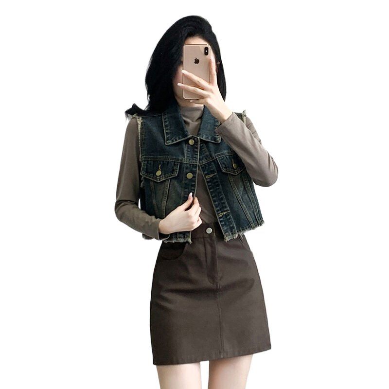 봄 가을 여성 하이웨스트 숏 민소매 데님조끼 빈티지워싱 캐주얼룩 면혼방조끼 블루그레이 - 상세 이미지 3