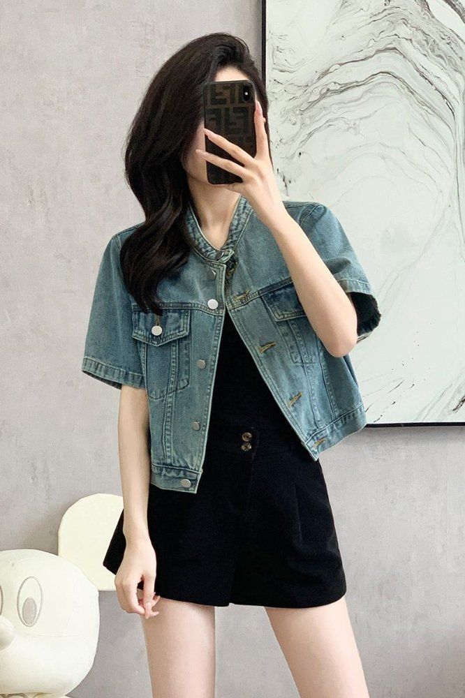 봄 여름 여성 루즈핏 크롭 반팔 데님자켓 스탠드넥 얇은 면혼방자켓 라이트블루 - 상세 이미지 5