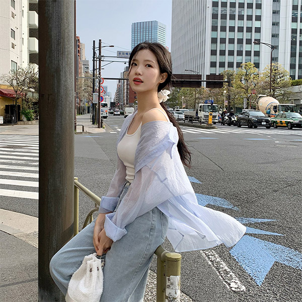 [자체제작] 하이렌 요루 펜던트 루즈핏 텐셀 시스루 셔츠 bs8105 - 상품 이미지