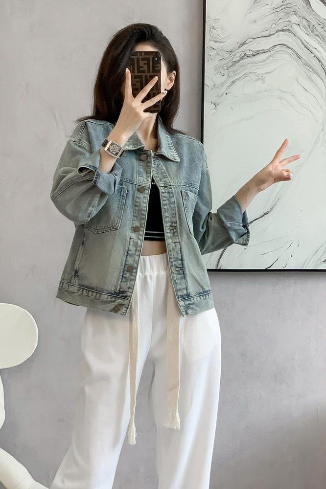봄 가을 여성 루즈핏 기본 데님자켓 캐주얼 데일리룩 포켓 면혼방자켓 라이트블루 - 상세 이미지 5