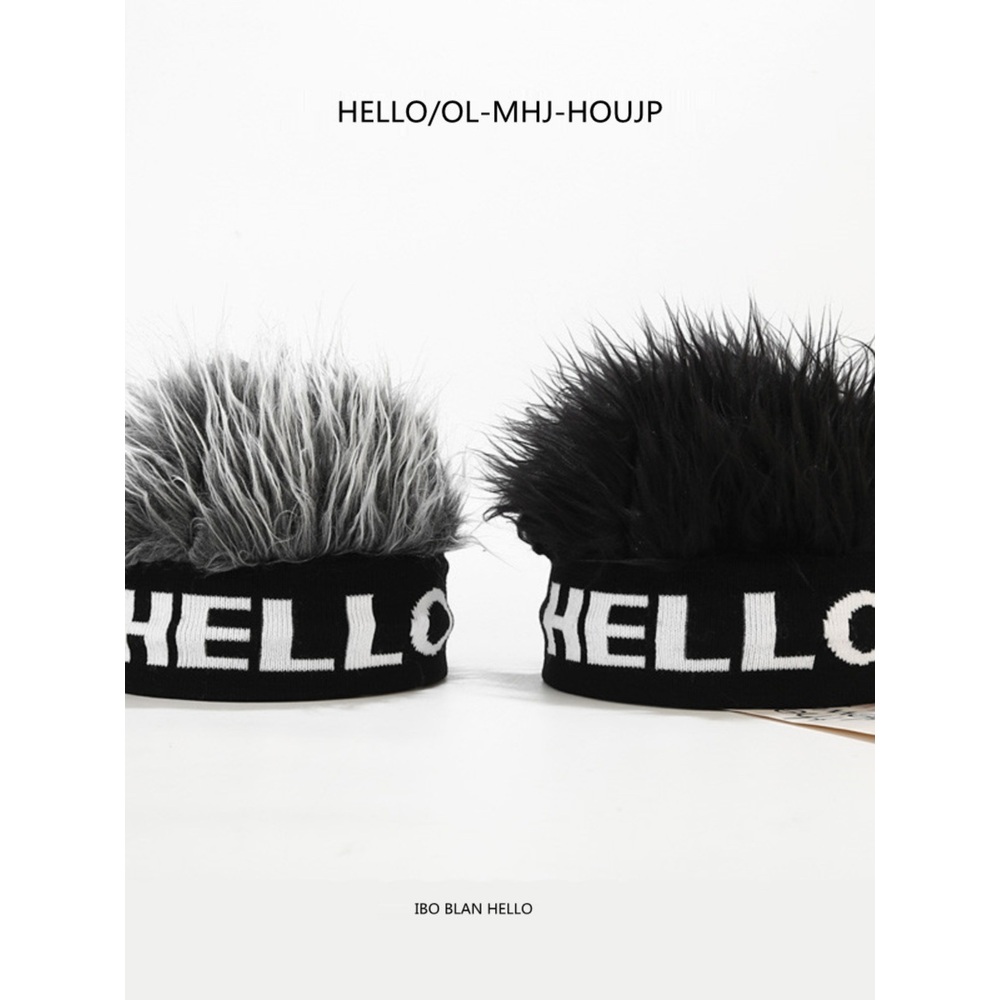 가짜머리모자 니트 헤어 밴드 비니 레터링 겨울 골프 제트 HELLO니트가발-흑발 성인(54-59cm) - 상세 이미지 4