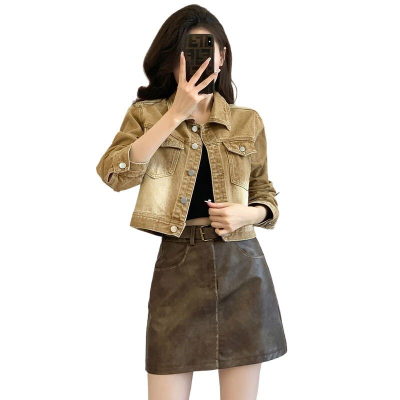 봄 가을 여성 하이웨스트 크롭 데님자켓 스위트룩 워싱 면혼방자켓 베이지 - 상세 이미지 4
