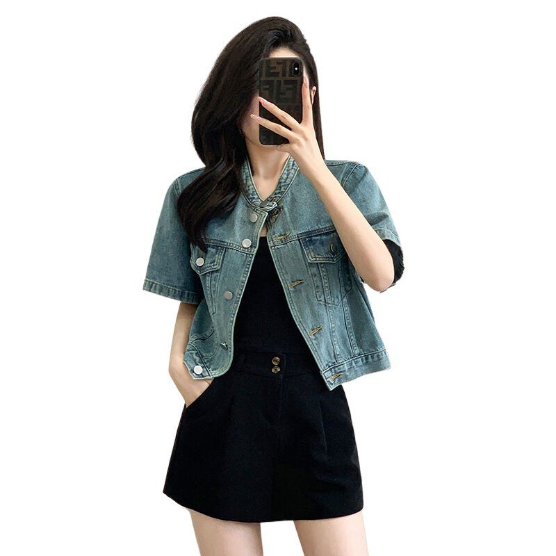 봄 여름 여성 루즈핏 크롭 반팔 데님자켓 스탠드넥 얇은 면혼방자켓 라이트블루 - 상세 이미지 4