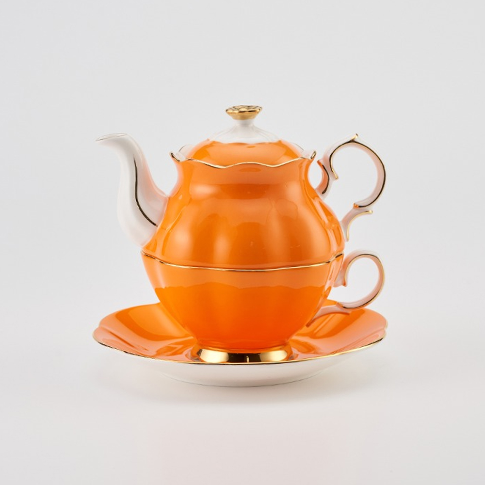 티로직 다이애나 골드림 티포원 1인 도자기 찻잔 티팟세트 300ml, 퍼시몬