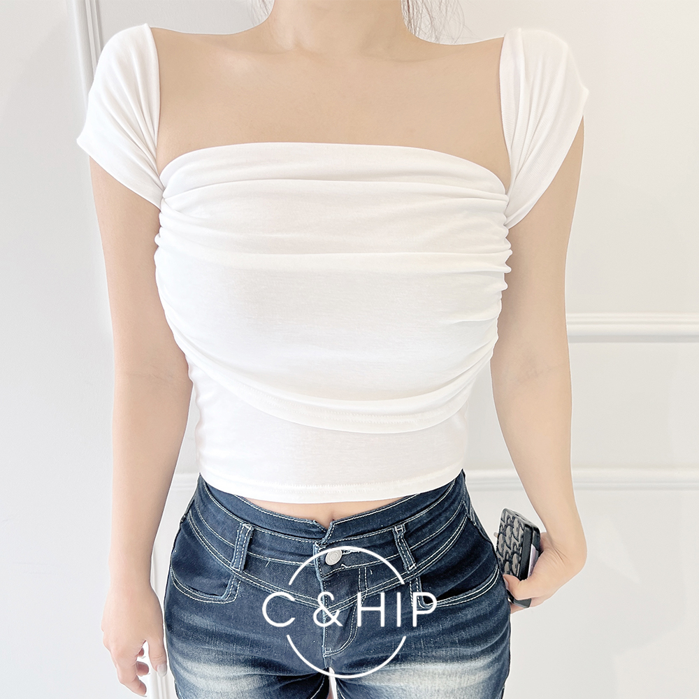 비바 셔링 주름 스퀘어 오프숄더 반팔 크롭 티셔츠 3color - 메인 이미지