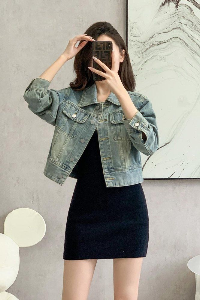 봄 가을 여성 루즈핏 숏 데님자켓 캐주얼 데일리룩 워싱 면혼방자켓 라이트블루 - 상세 이미지 5