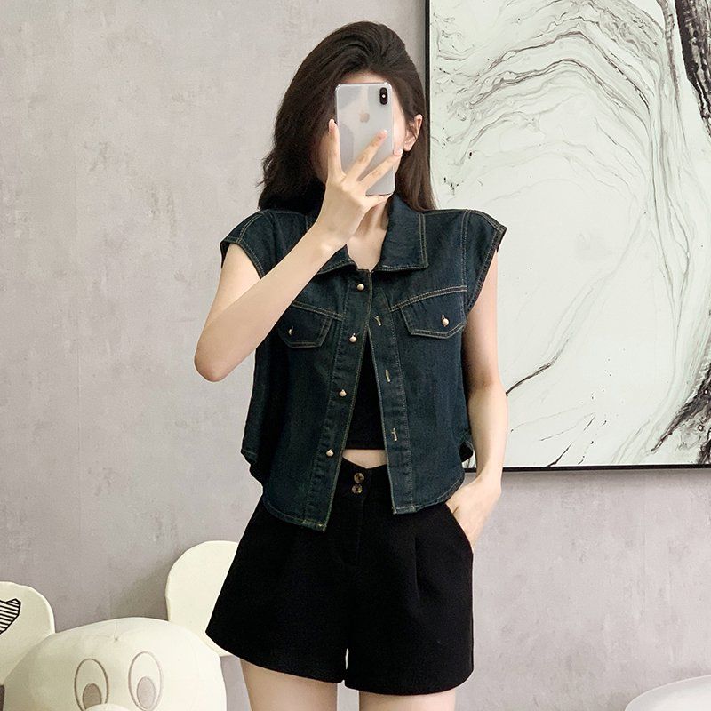 봄 여름 여성 루즈핏 숏 민소매 데님조끼 캐주얼 데일리룩 얇은 면혼방조끼 - 상세 이미지 2