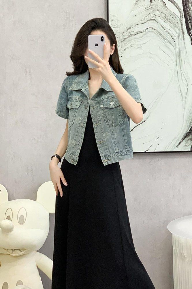 봄 여름 여성 기본핏 크롭 반팔 데님자켓 올오버자수 오리지널디자인 면혼방 라이트블루 - 상세 이미지 5